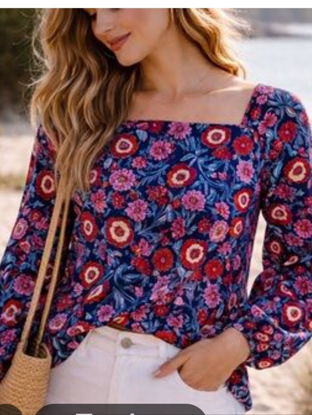 Vineyard Vines Navy Floral Square-Neck Blouse with Red & Pink Flowers